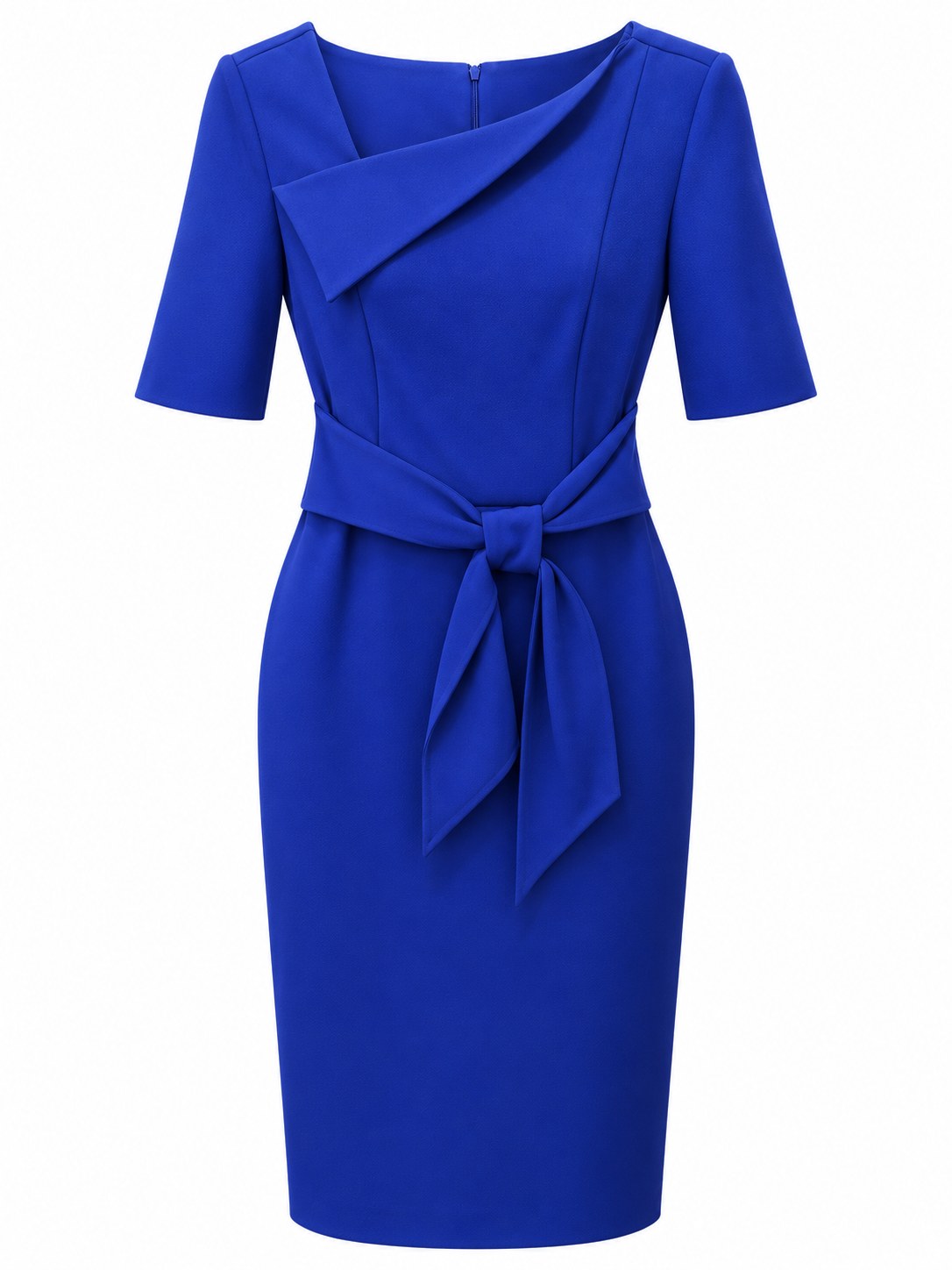 Vestido azul con escote plegado y lazo frontal — Azul cobalto