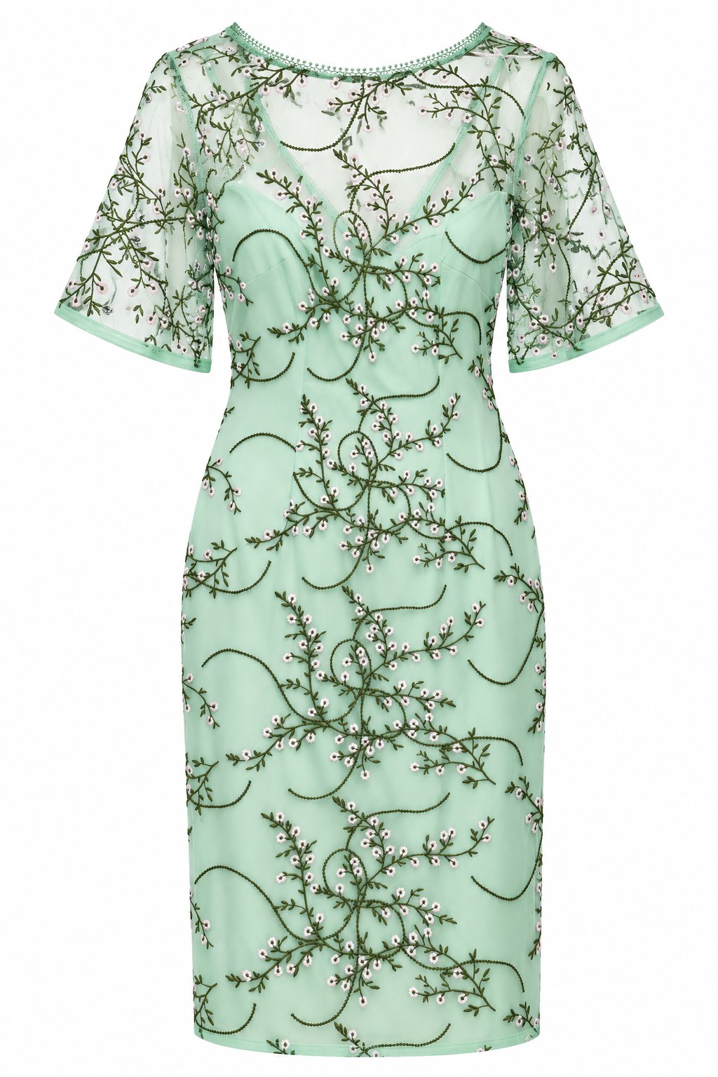 Vestido menta bordado con mangas acampanadas — Verde menta floral