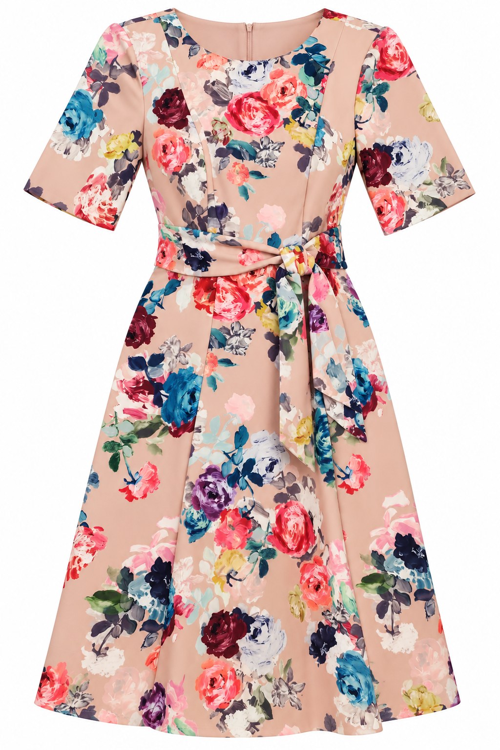 Vestido rosa floral de manga al codo con lazo — Rosa floral multicolor