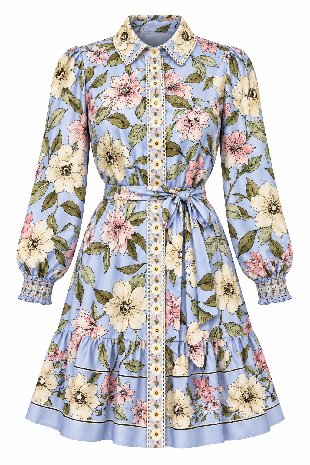 Vestido camisero azul floral con cuello de encaje — Azul floral
