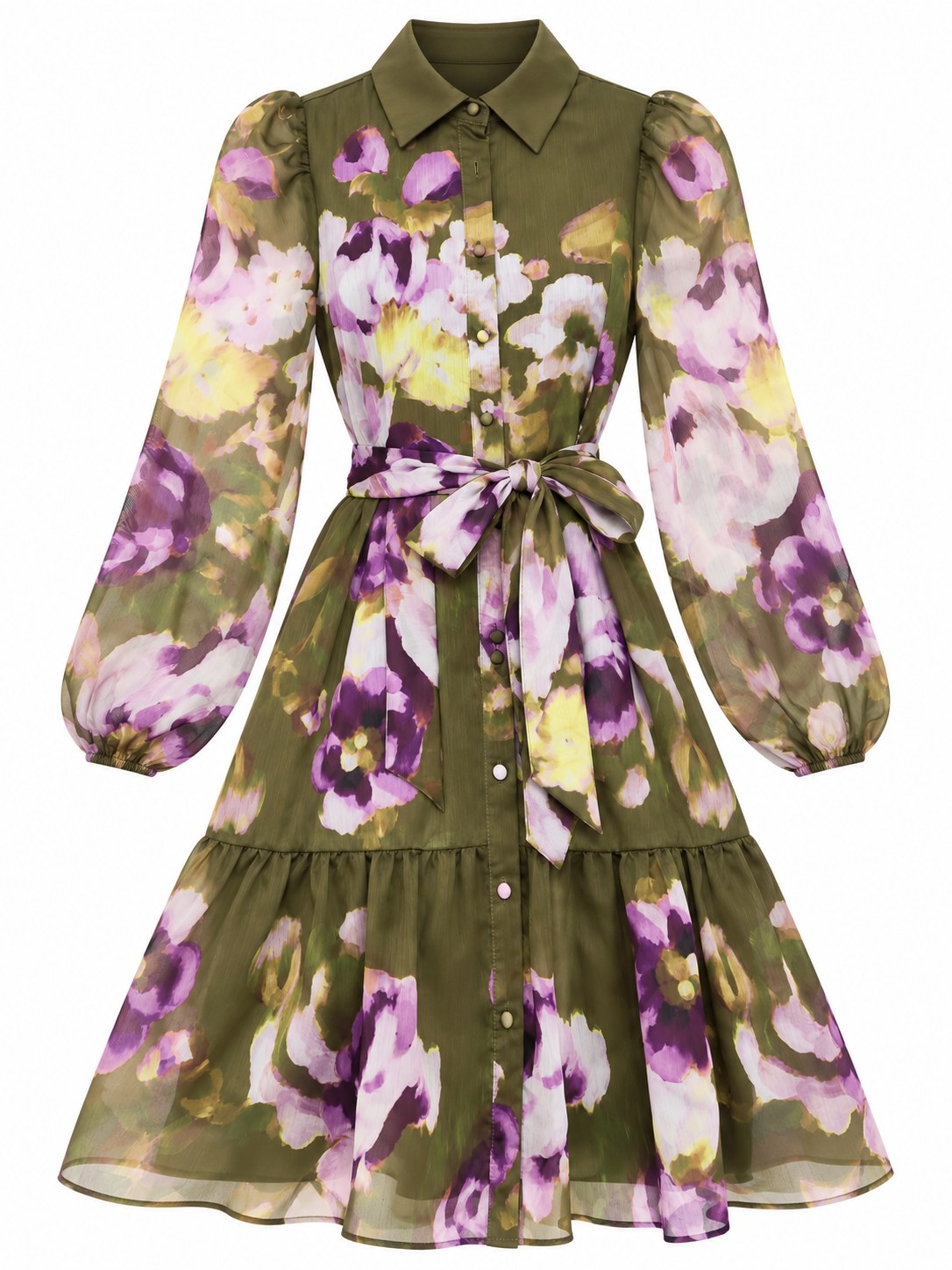 Vestido camisero floral con lazo y volante — Oliva y morado floral