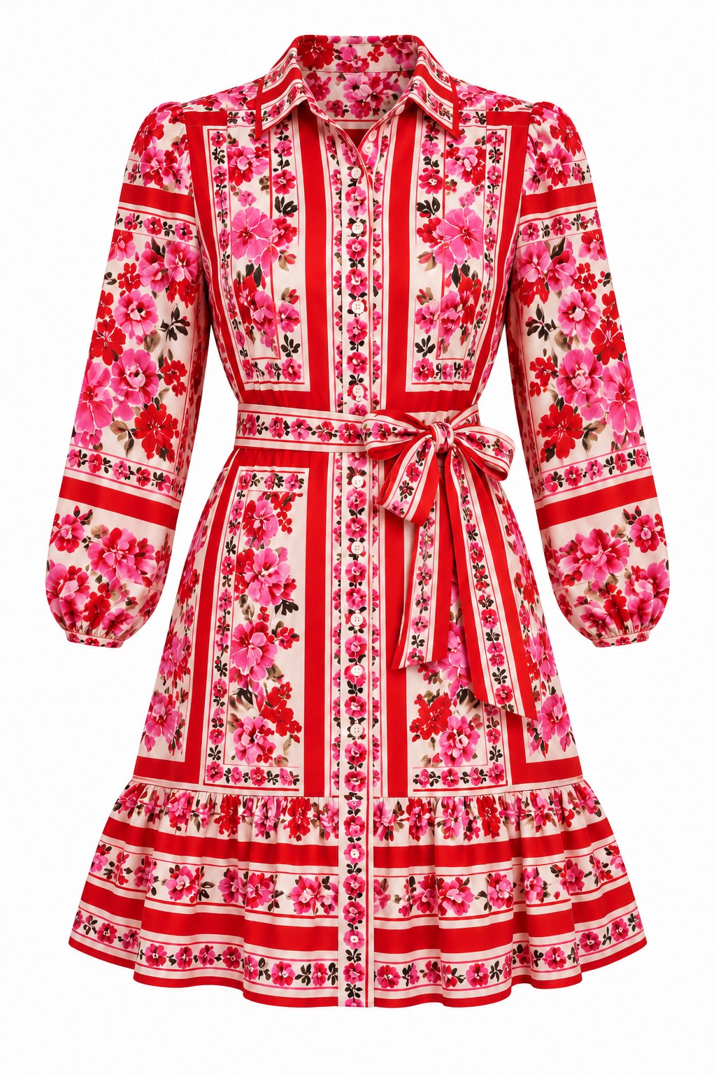 Vestido camisero rojo con estampado de pañuelo — Rojo e ivory estampado
