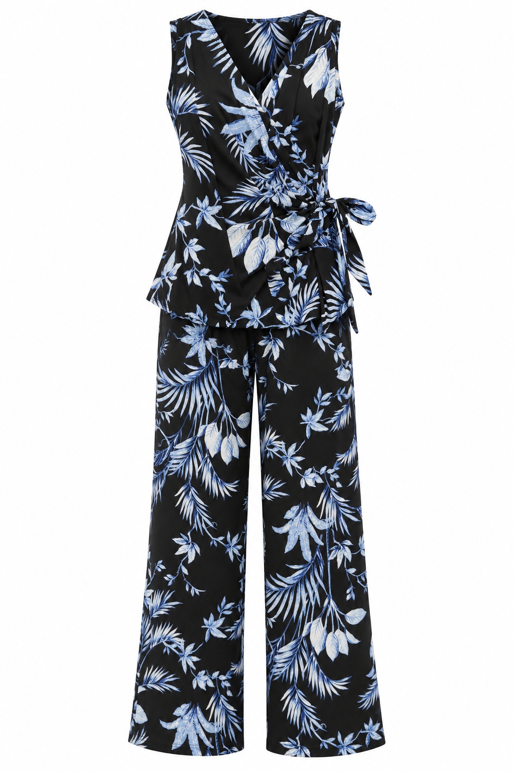 Conjunto botánico de blusa cruzada y pantalón — Negro y azul