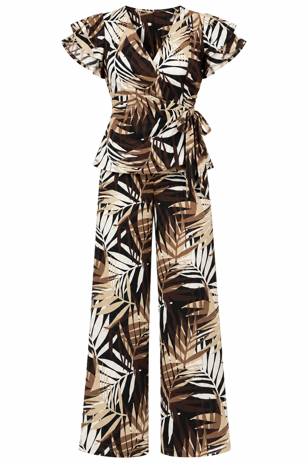 Conjunto de blusa cruzada y pantalón de palmas — Marrón, negro y marfil