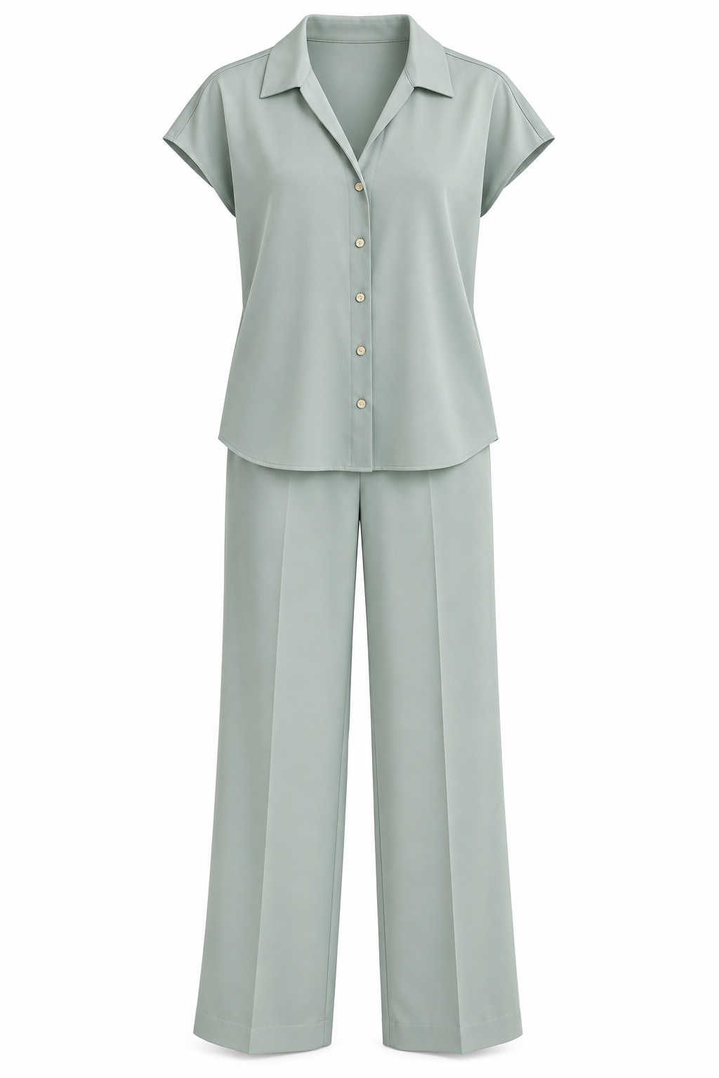 Conjunto de blusa con cuello y pantalón — Verde salvia