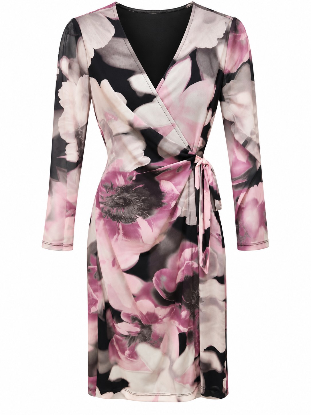 Vestido floral cruzado de manga larga — Rosa gris e ivory floral