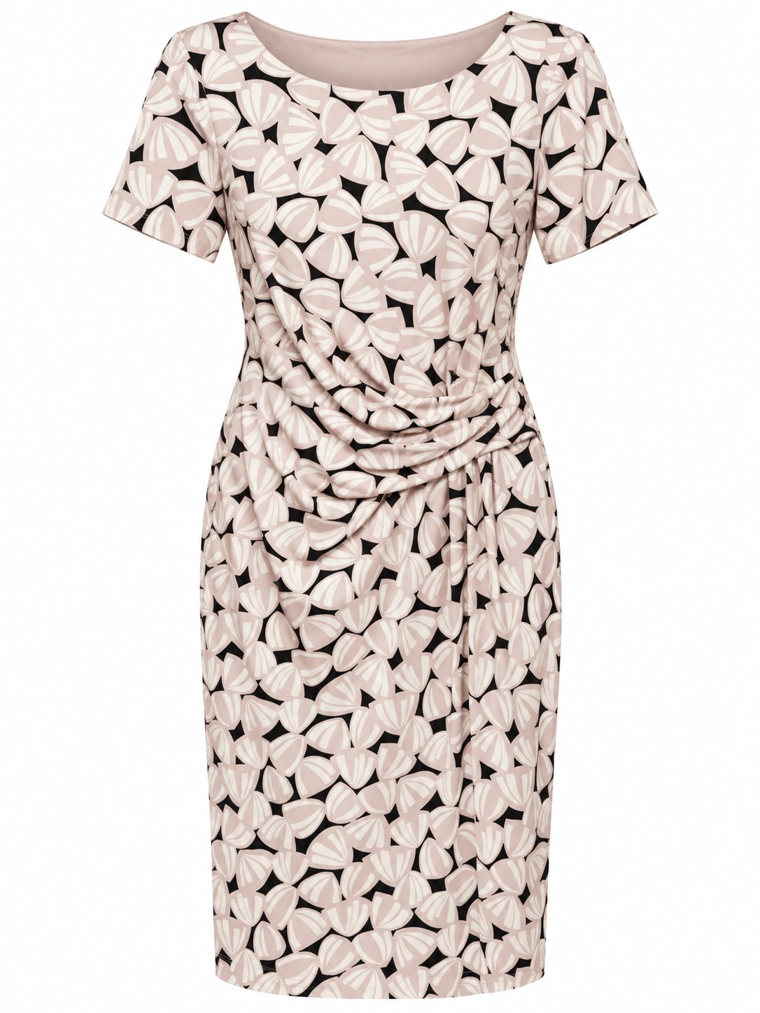 Vestido estampado de manga corta con cintura drapeada — Rosa ivory y negro