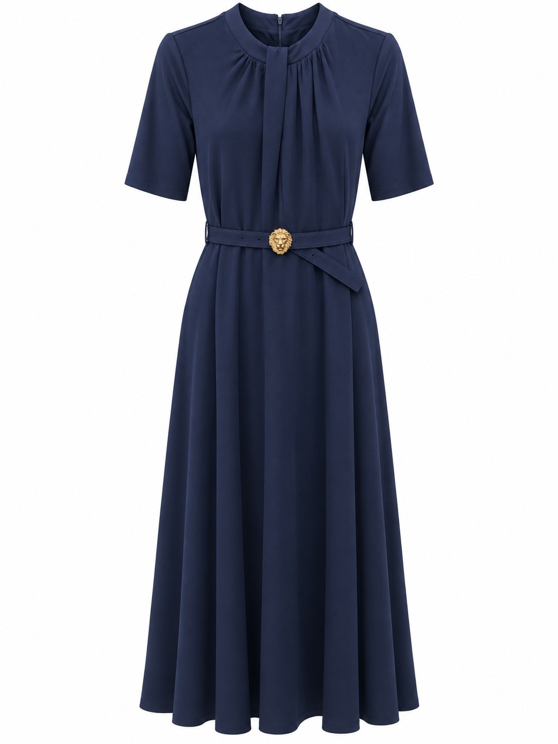 Vestido azul marino con cinturón de hebilla dorada — Azul marino