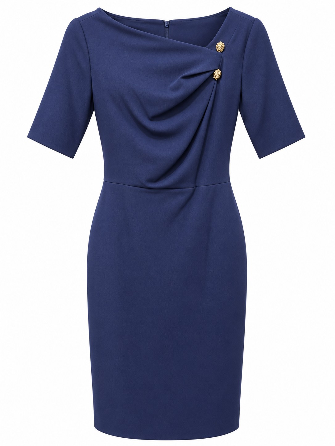 Vestido azul marino con cuello drapeado y botones dorados — Azul marino