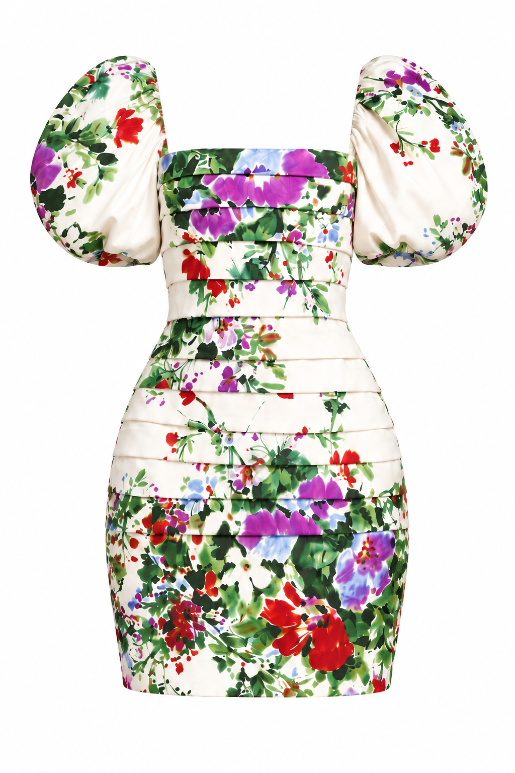 Vestido floral con mangas abullonadas — Blanco floral multicolor