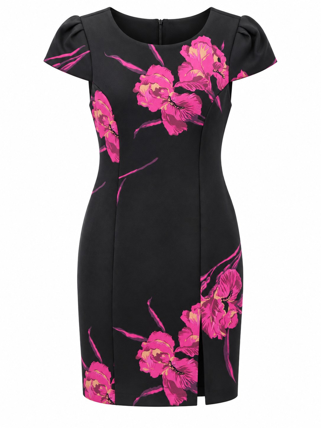 Vestido negro con iris fucsia y mangas cortas — Negro y fucsia floral