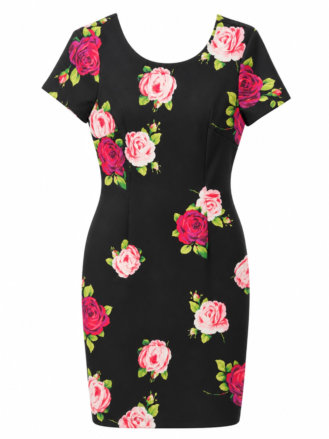 Vestido negro de rosas con manga corta — Negro floral