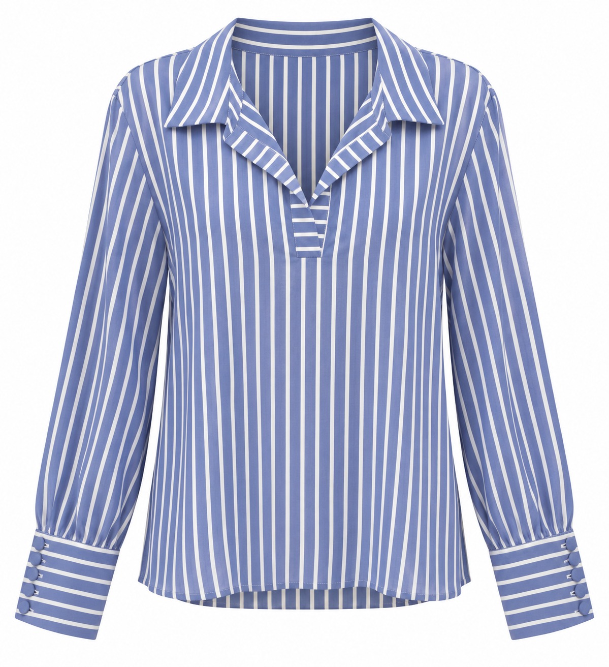 Blusa azul de rayas con cuello abierto