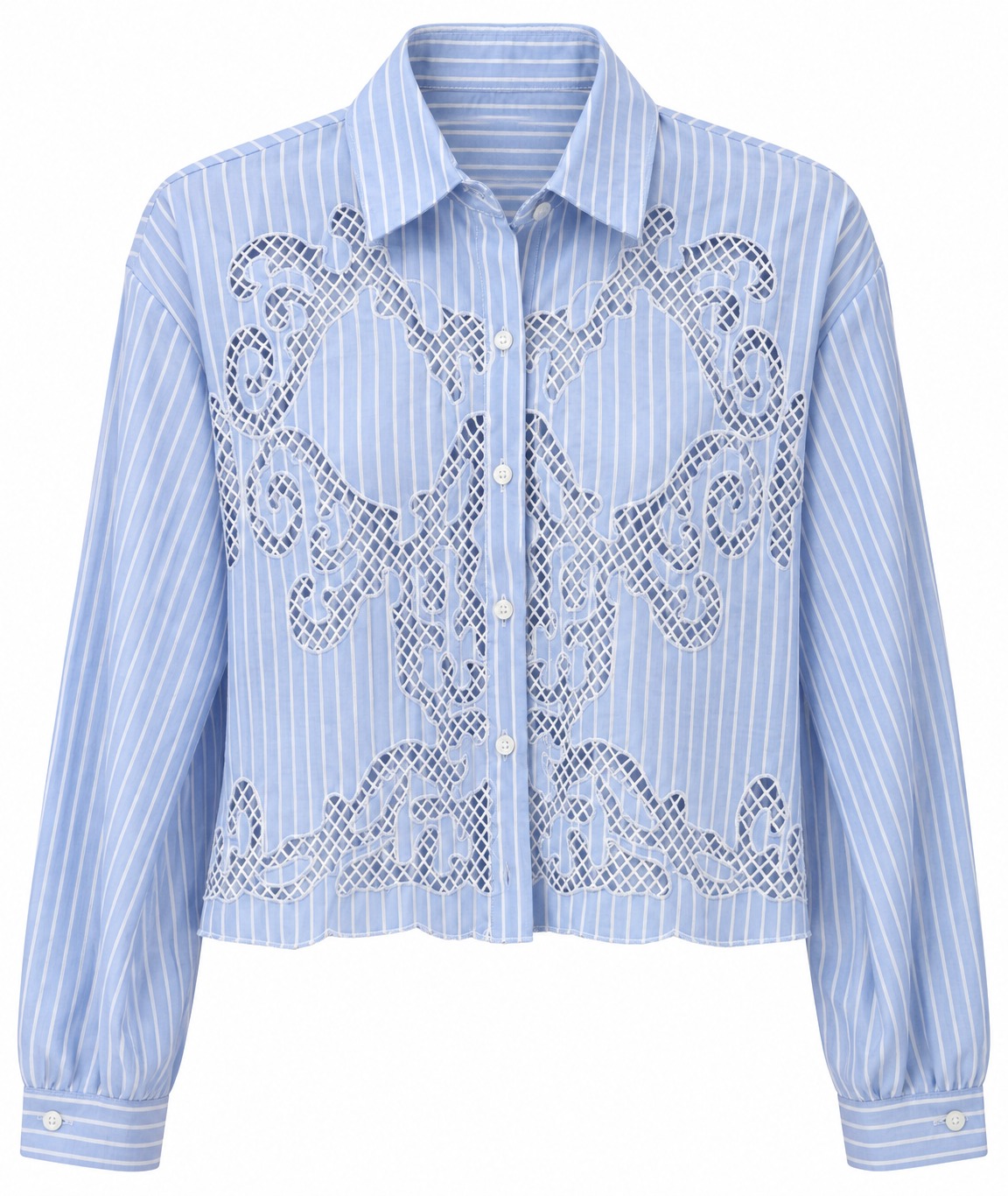 Camisa celeste de rayas con encaje