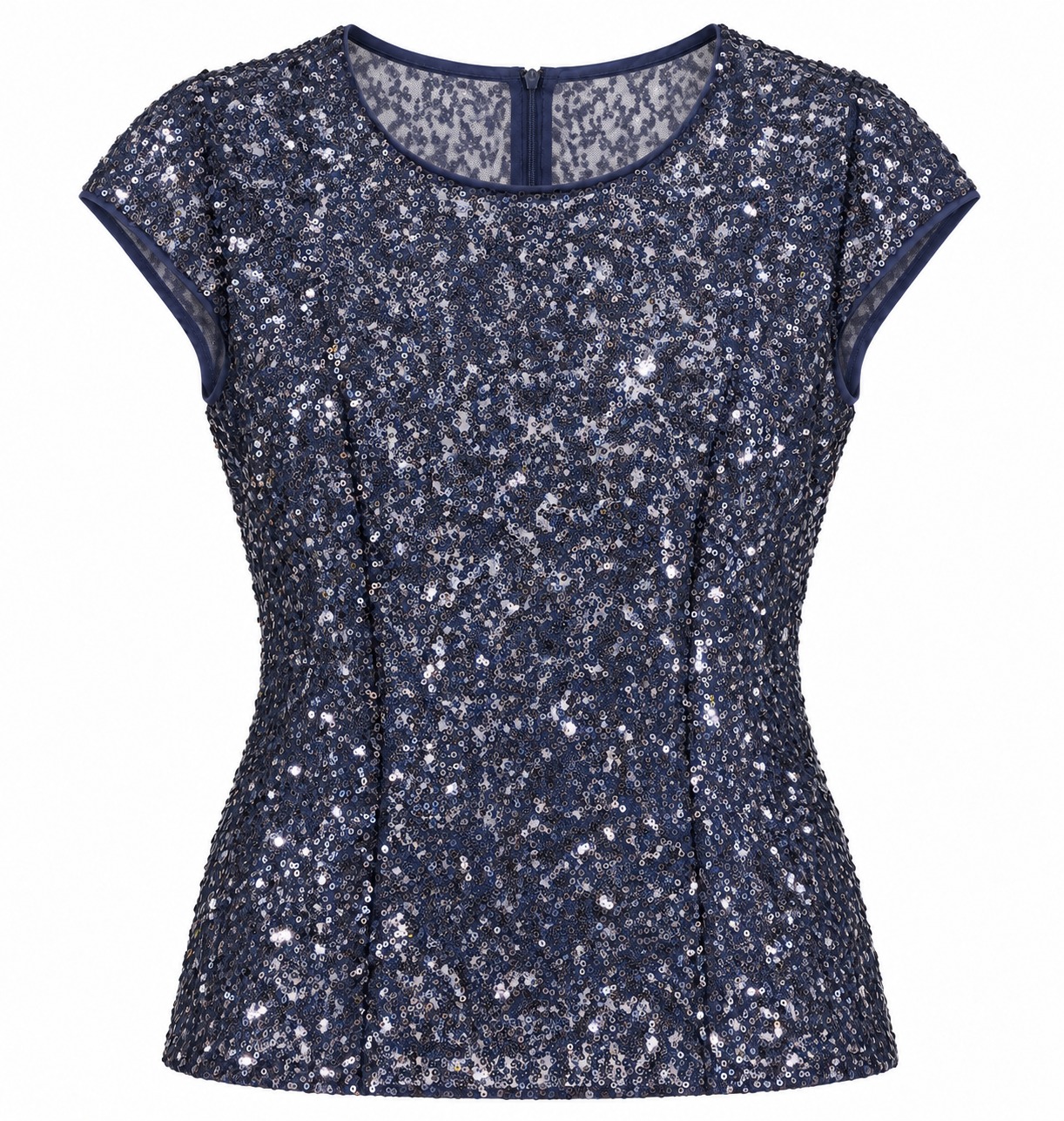 Blusa azul marino de lentejuelas en malla transparente