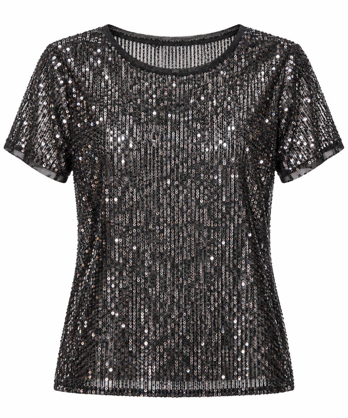 Blusa negra de lentejuelas en malla transparente