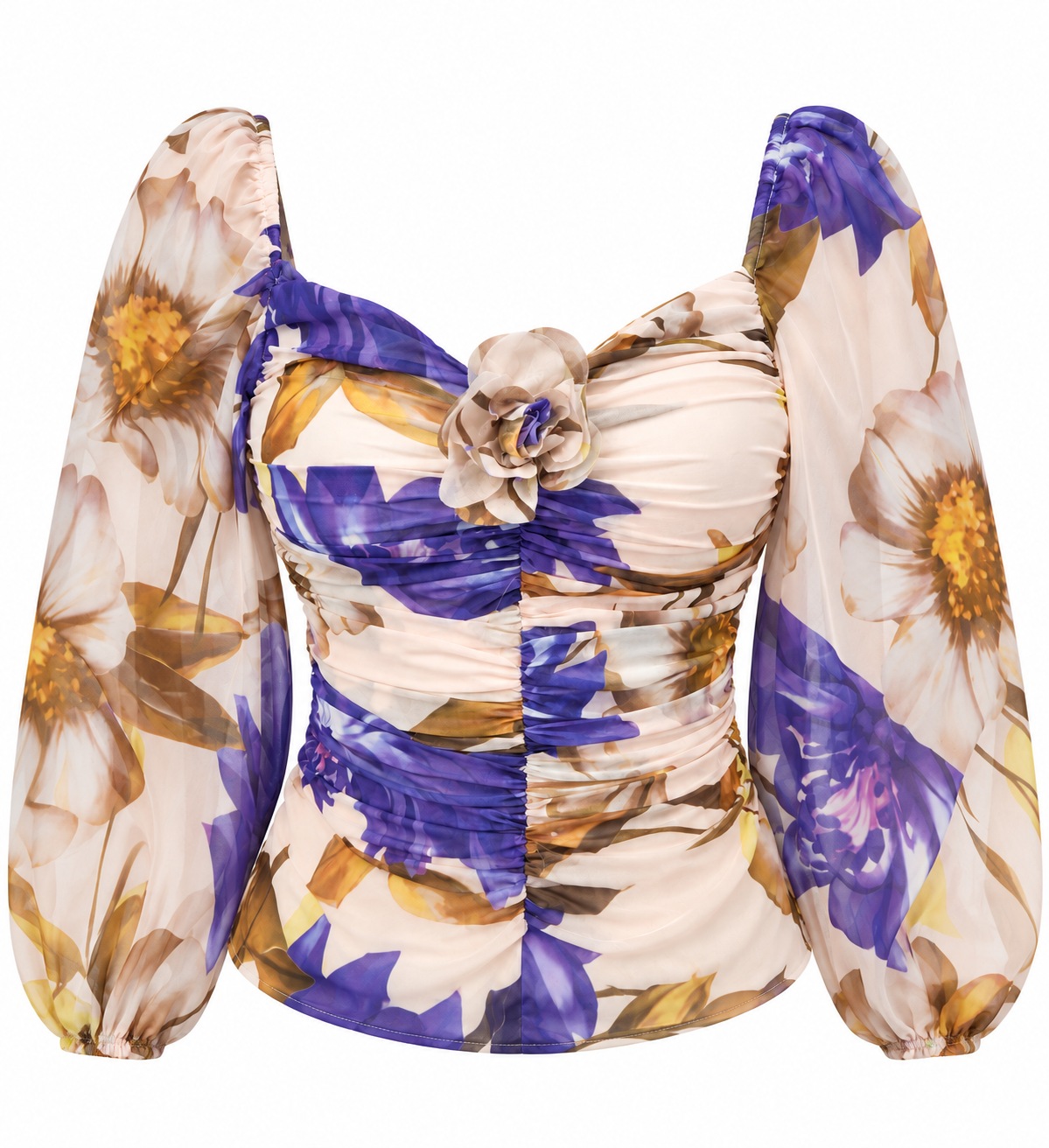 Blusa floral fruncida con flor y mangas largas transparentes — Floral morado y marfil