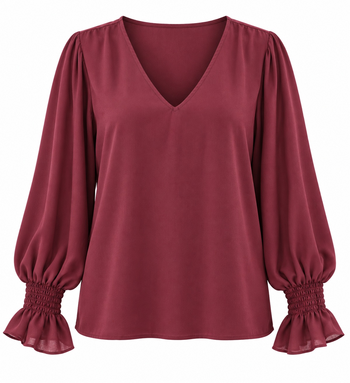 Blusa vino de cuello V con puños fruncidos — Vino