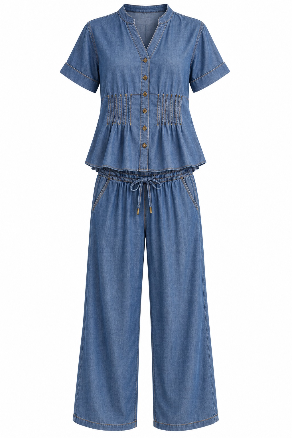 Conjunto de blusa con alforzas y pantalón con cordón — Azul