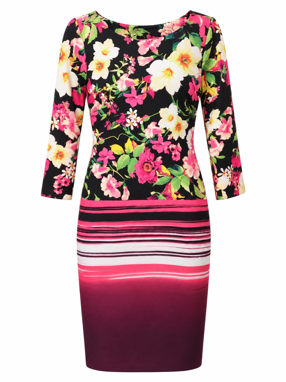 Vestido floral de manga tres cuartos con falda burdeos — Floral y burdeos