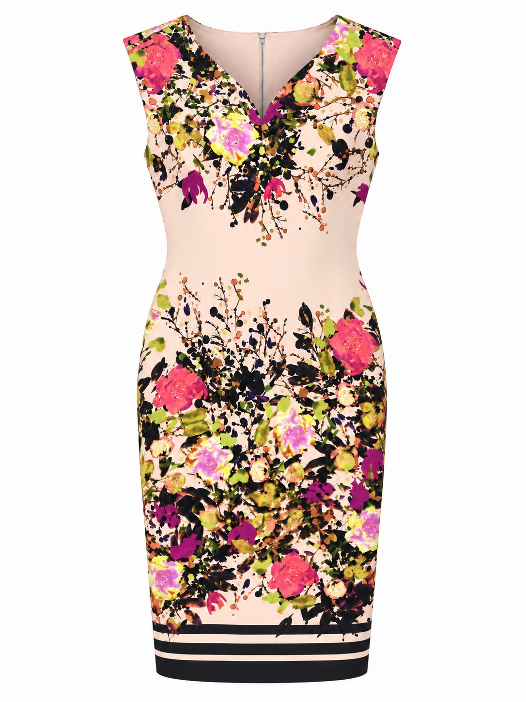 Vestido floral con escote en V curvo y borde de rayas — Rosa floral multicolor