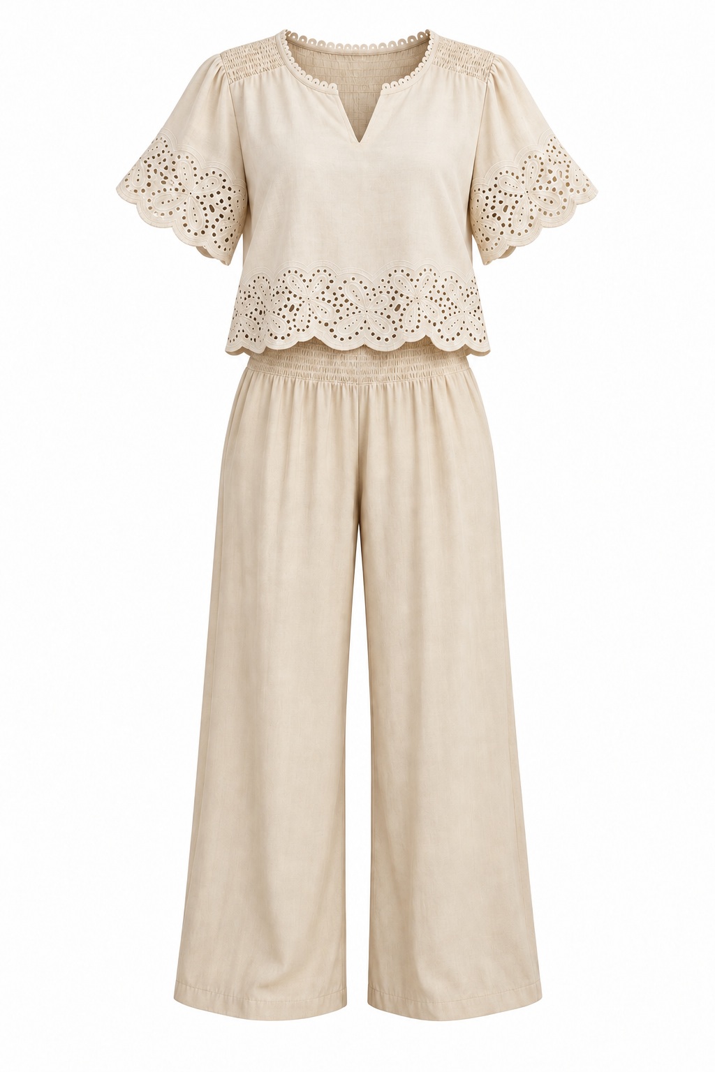 Conjunto marfil de blusa bordada y pantalón — Marfil