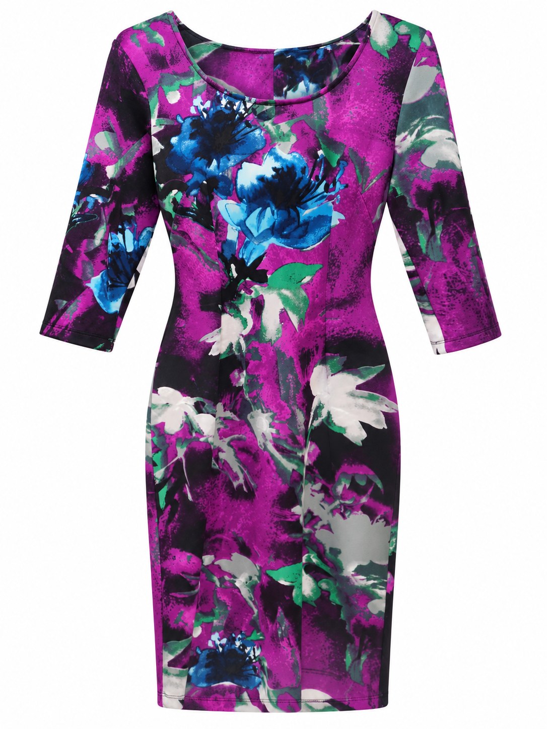 Vestido morado floral de manga tres cuartos — Morado azul y verde floral