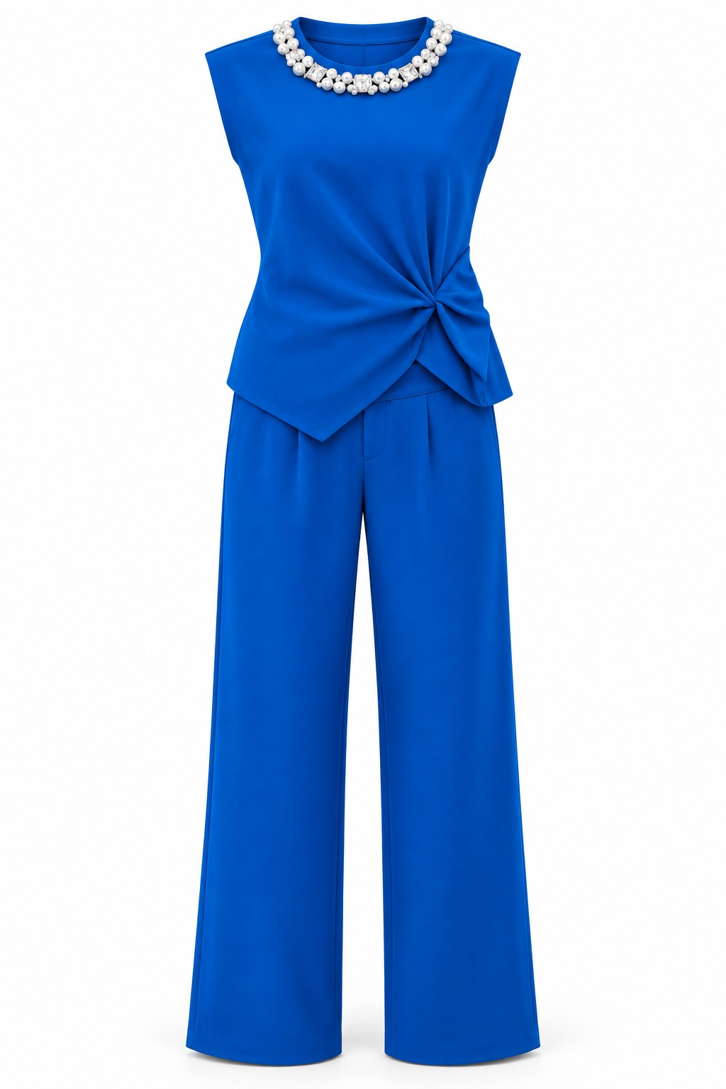 Conjunto azul de blusa con perlas y pantalón — Azul real