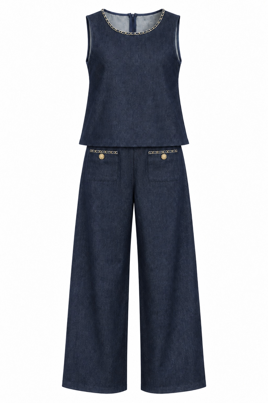 Conjunto denim de blusa y pantalón con cadenas — Azul índigo