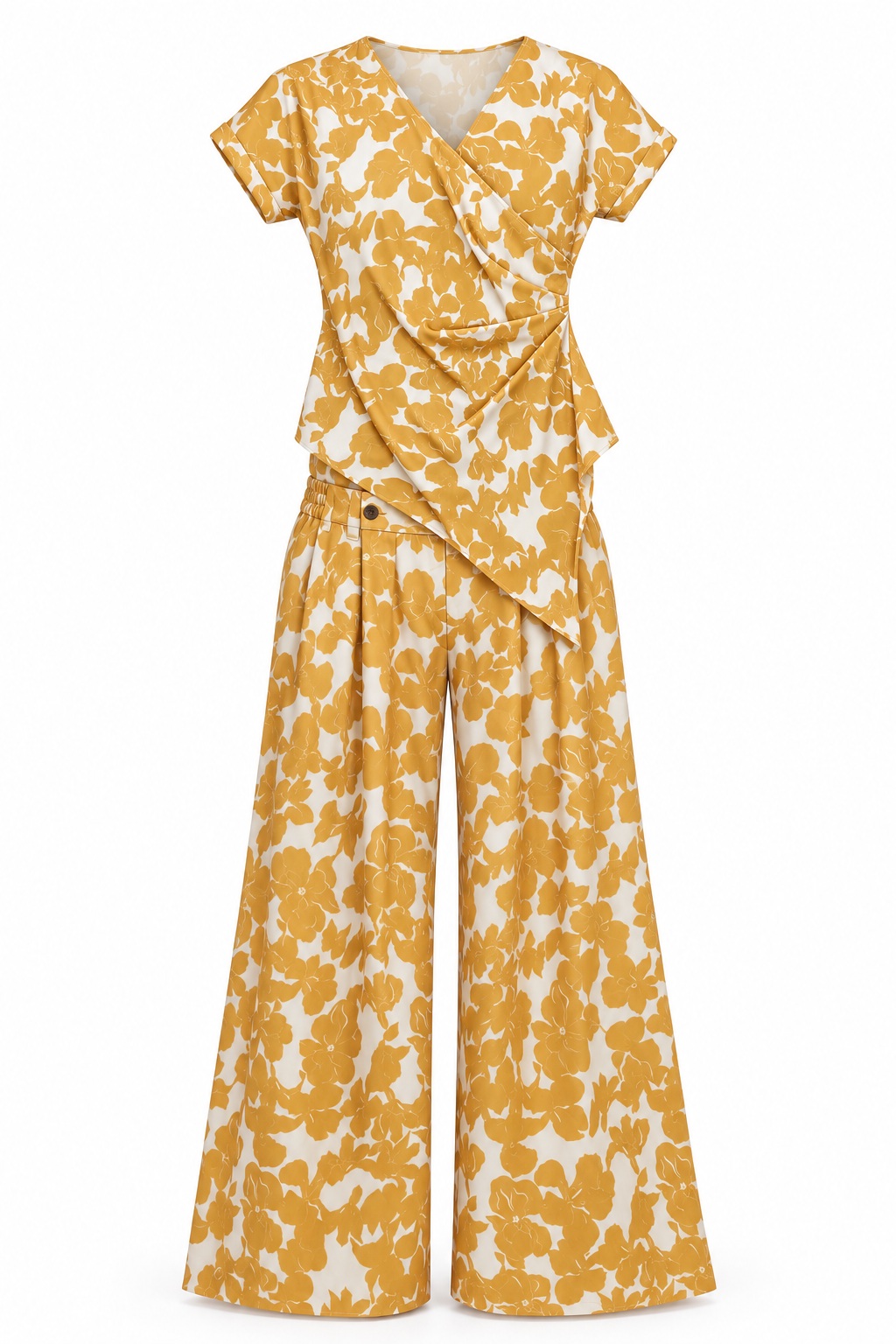 Conjunto floral de blusa drapeada y pantalón palazzo — Mostaza y marfil