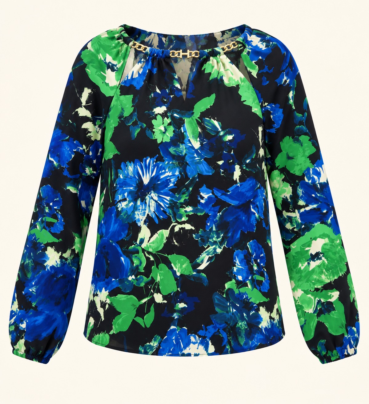 Blusa floral azul y verde con cadena
