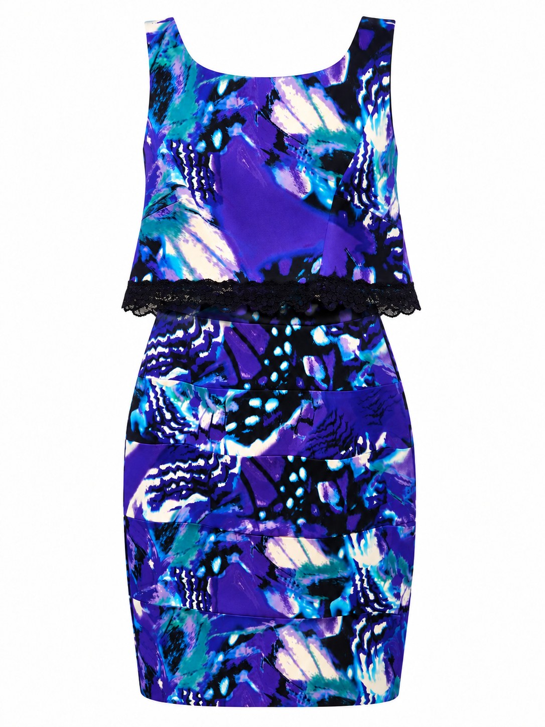 Vestido abstracto con cuerpo suelto y borde de encaje — Azul morado y turquesa