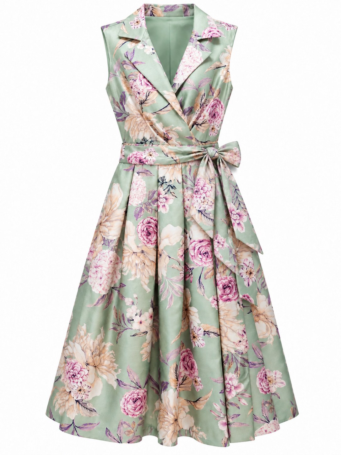 Vestido menta floral sin mangas con cuello y lazo — Menta floral