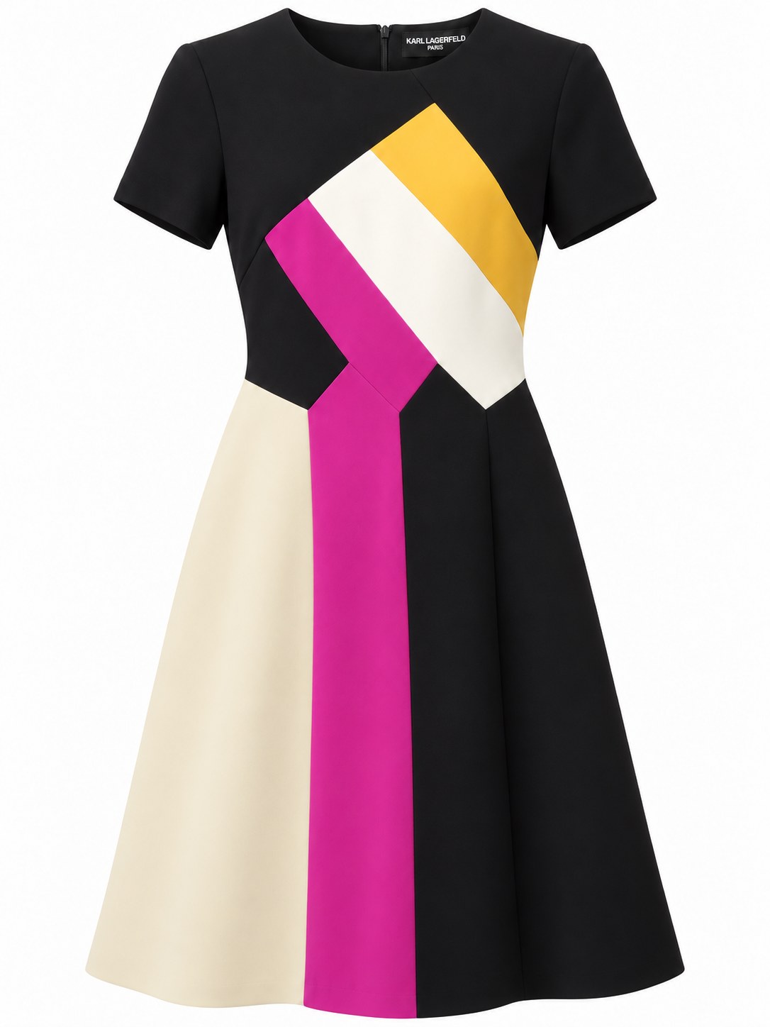 Vestido de corte A con bloques de color — Negro amarillo ivory y magenta