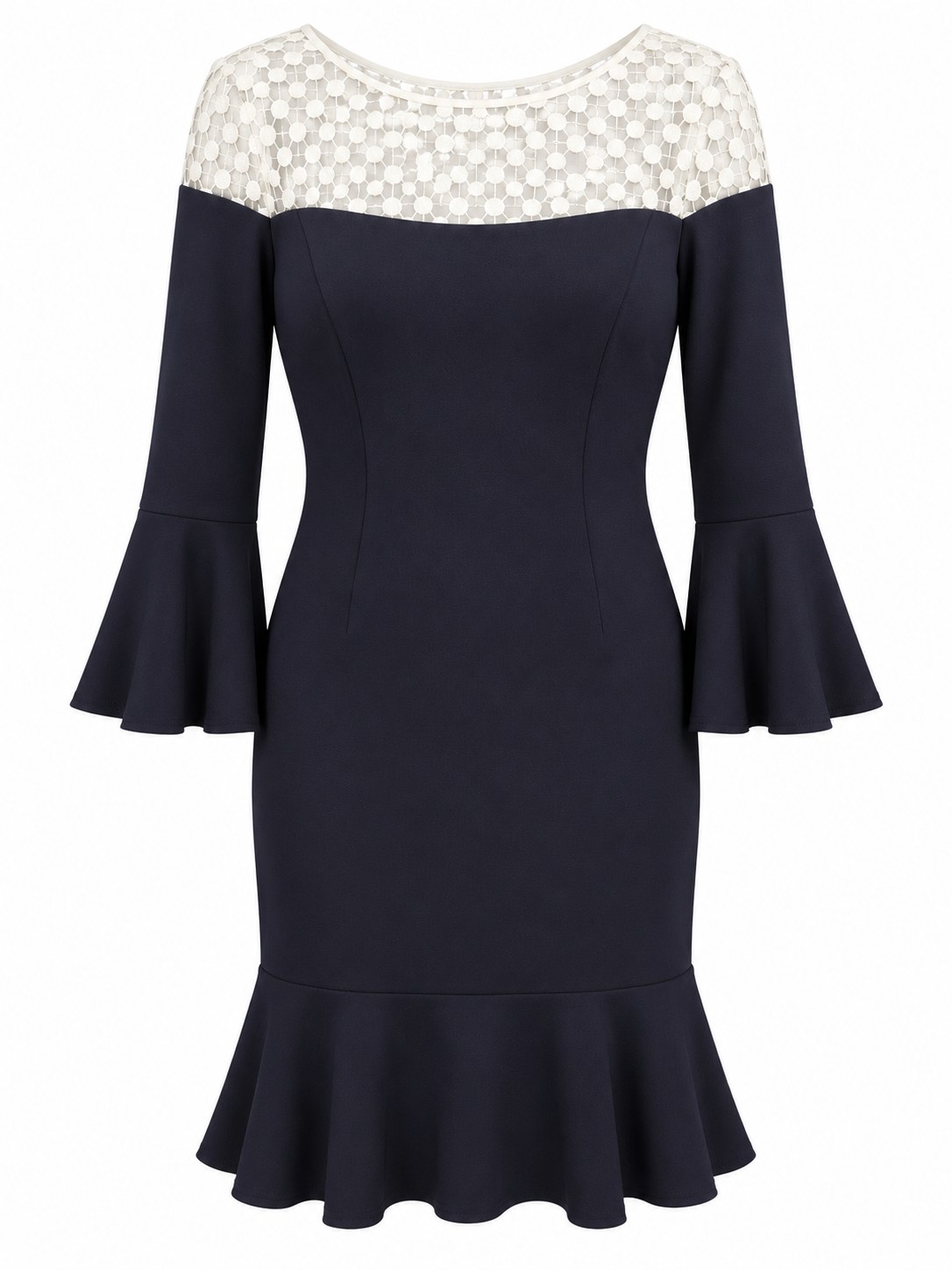 Vestido azul marino con encaje y volante — Azul marino y blanco