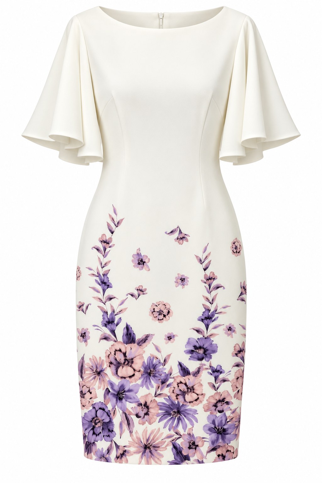 Vestido ivory floral con mangas de volante — Ivory y morado floral