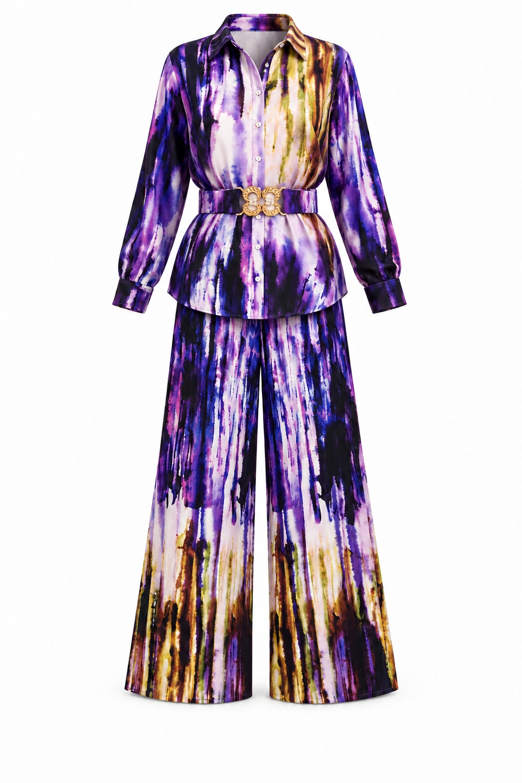 Conjunto acuarela con cinturón de hebilla dorada — Morado multicolor