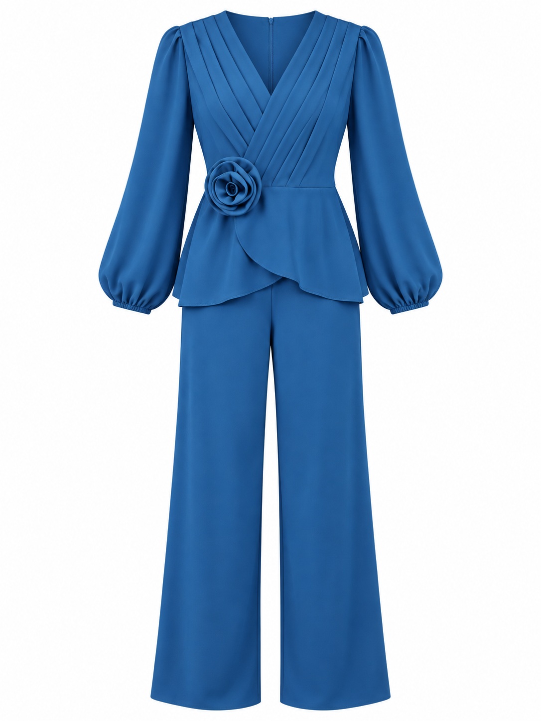 Conjunto con escote de pliegues y flor en la cintura — Azul