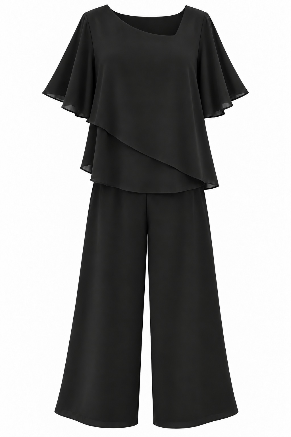 Conjunto de blusa con capa diagonal y pantalón — Negro