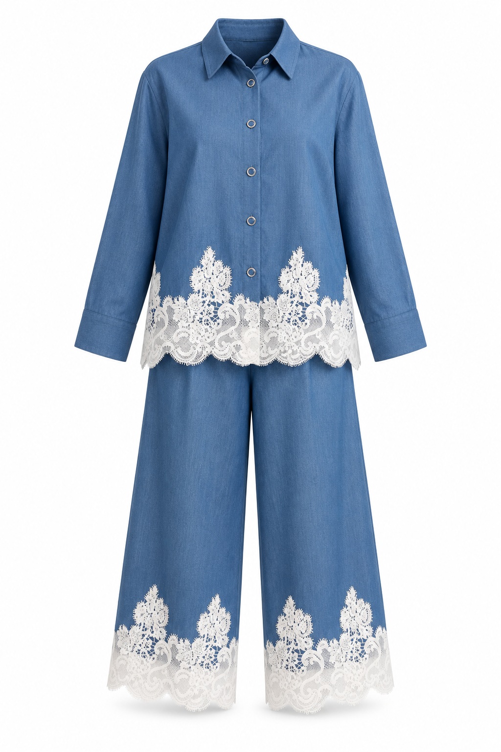 Conjunto azul denim con encaje blanco — Azul denim