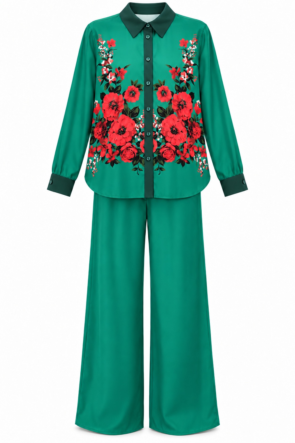 Conjunto esmeralda con flores coral — Verde esmeralda