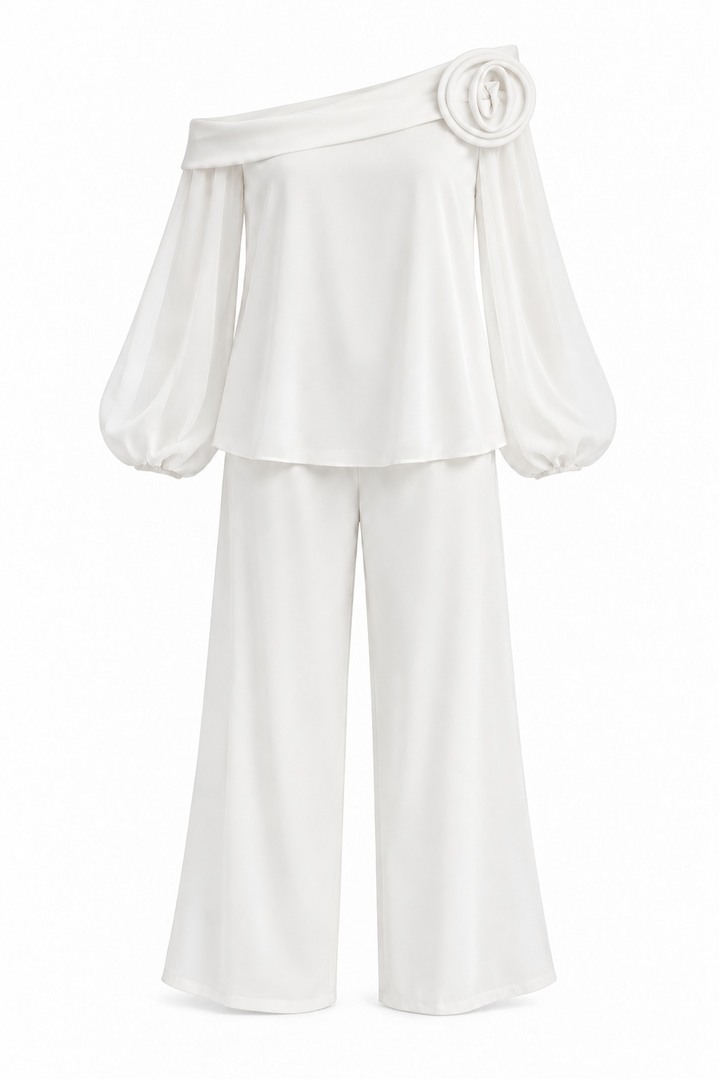 Conjunto con escote asimétrico y flor en el hombro — Blanco