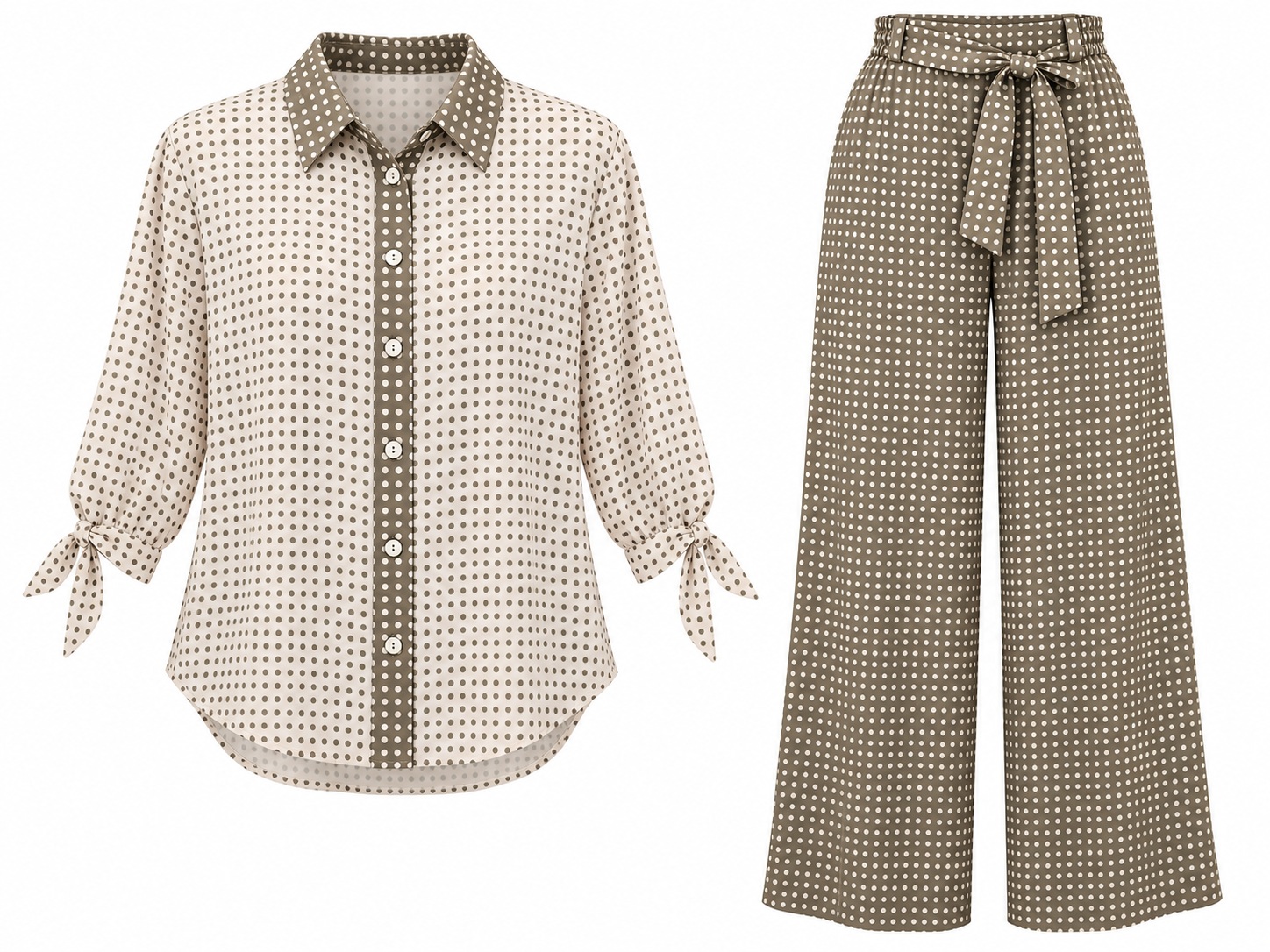 Conjunto de lunares con cuello en contraste — Oliva y marfil