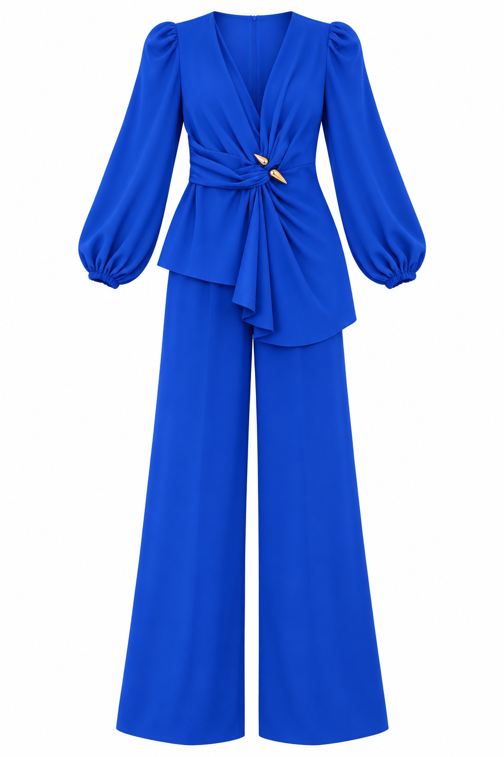 Conjunto drapeado con nudo dorado — Azul cobalto