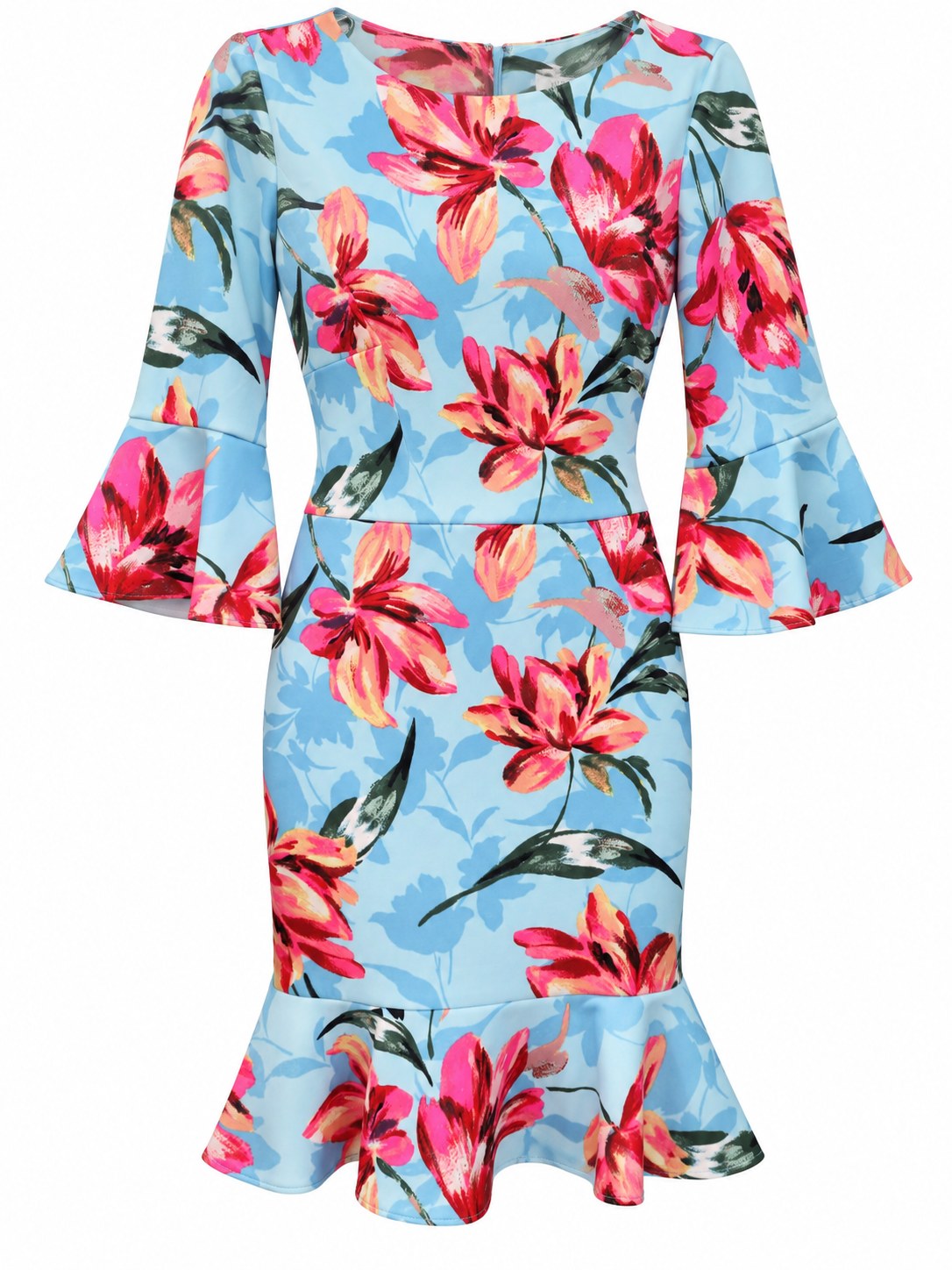 Vestido celeste floral con mangas acampanadas y volante — Celeste floral