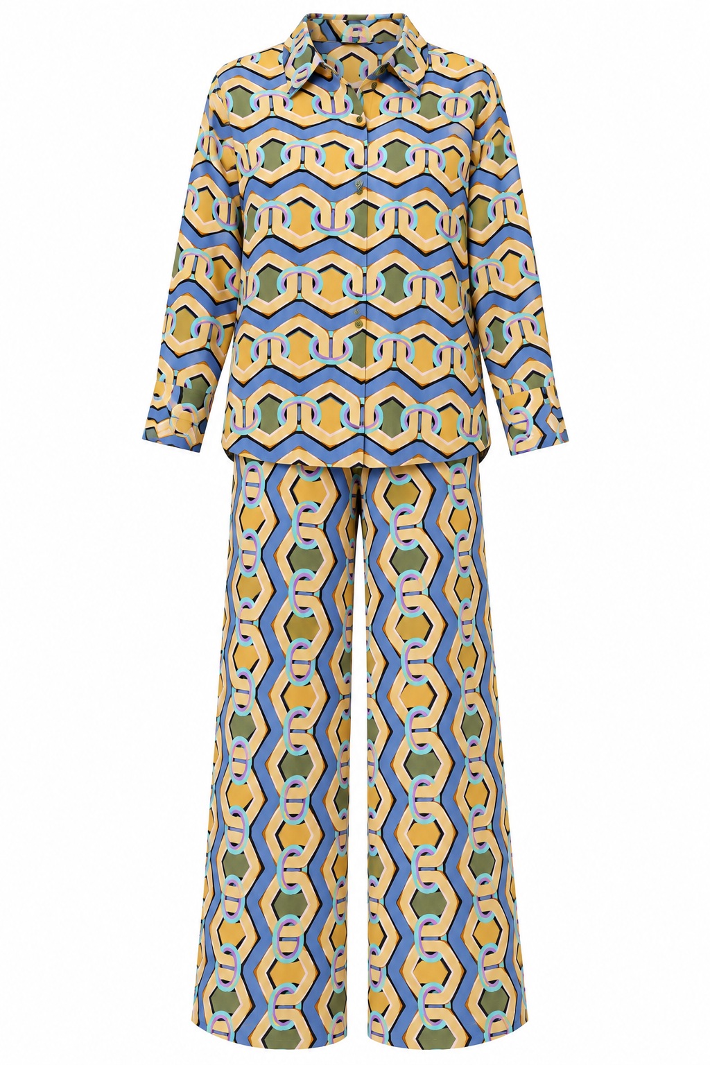 Conjunto con estampado de cadenas multicolor — Azul, amarillo y verde oliva