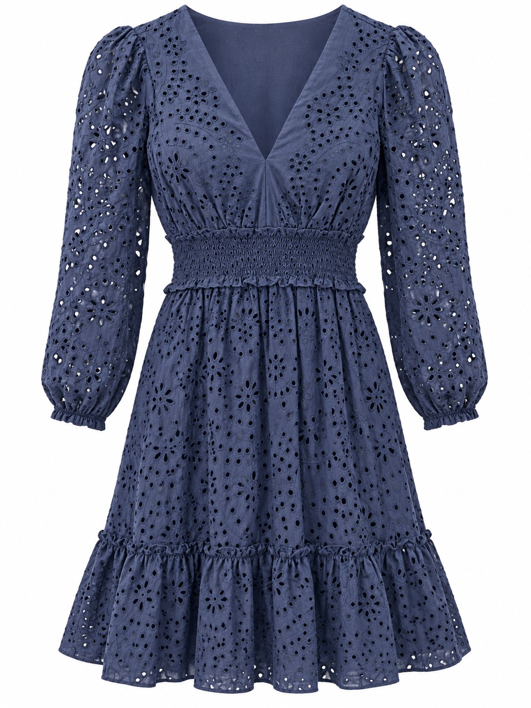 Vestido azul bordado con cintura elástica y volante — Azul