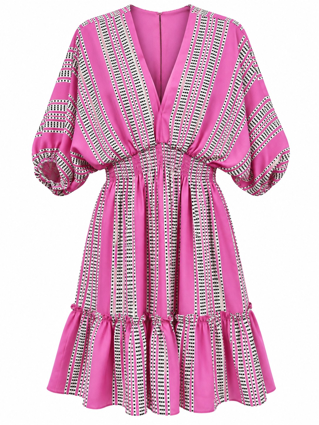 Vestido rosa de lunares con cintura elástica y volante — Rosa blanco y negro