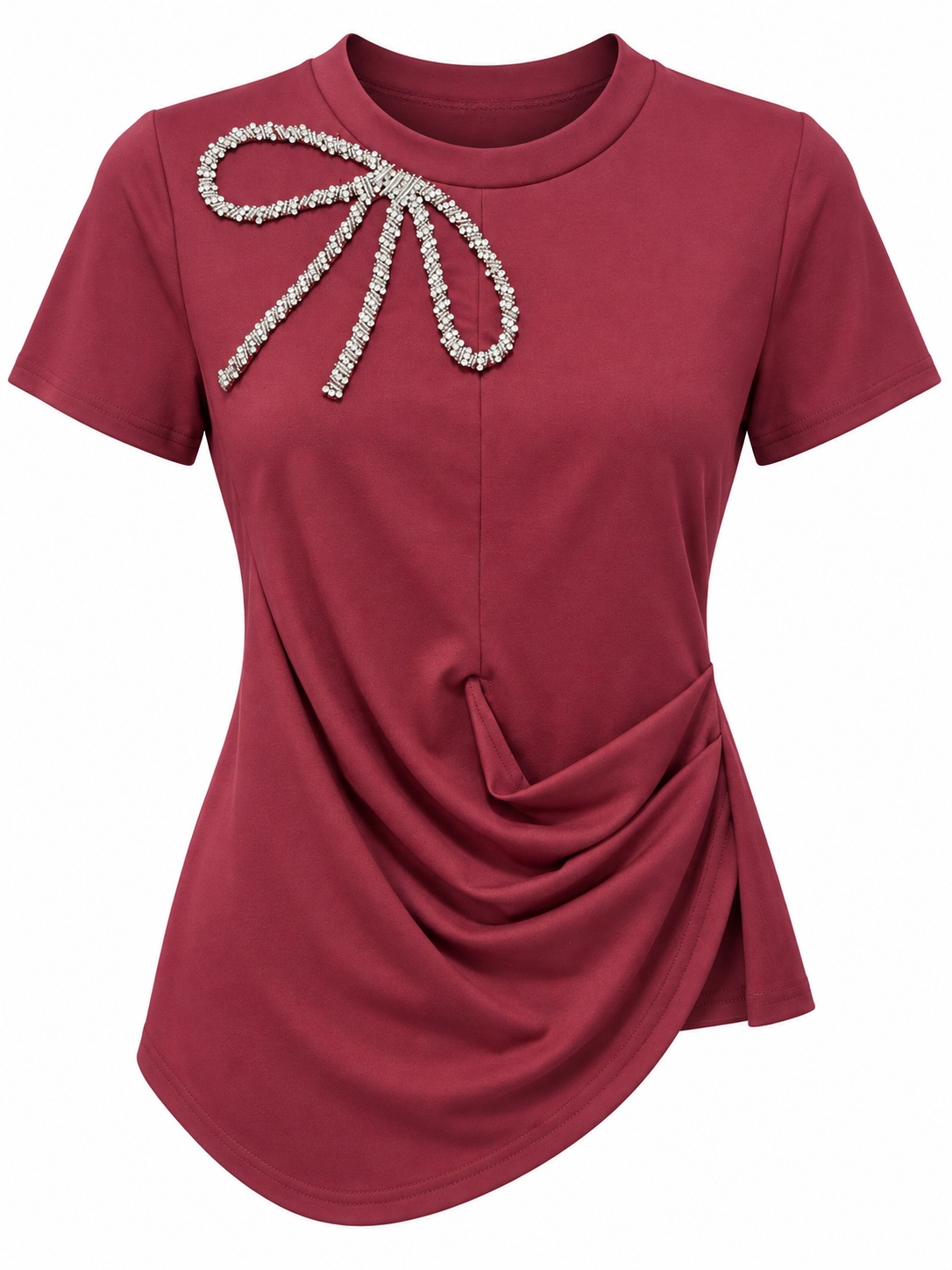 Blusa vino con lazo de pedrería y drapeado — Vino