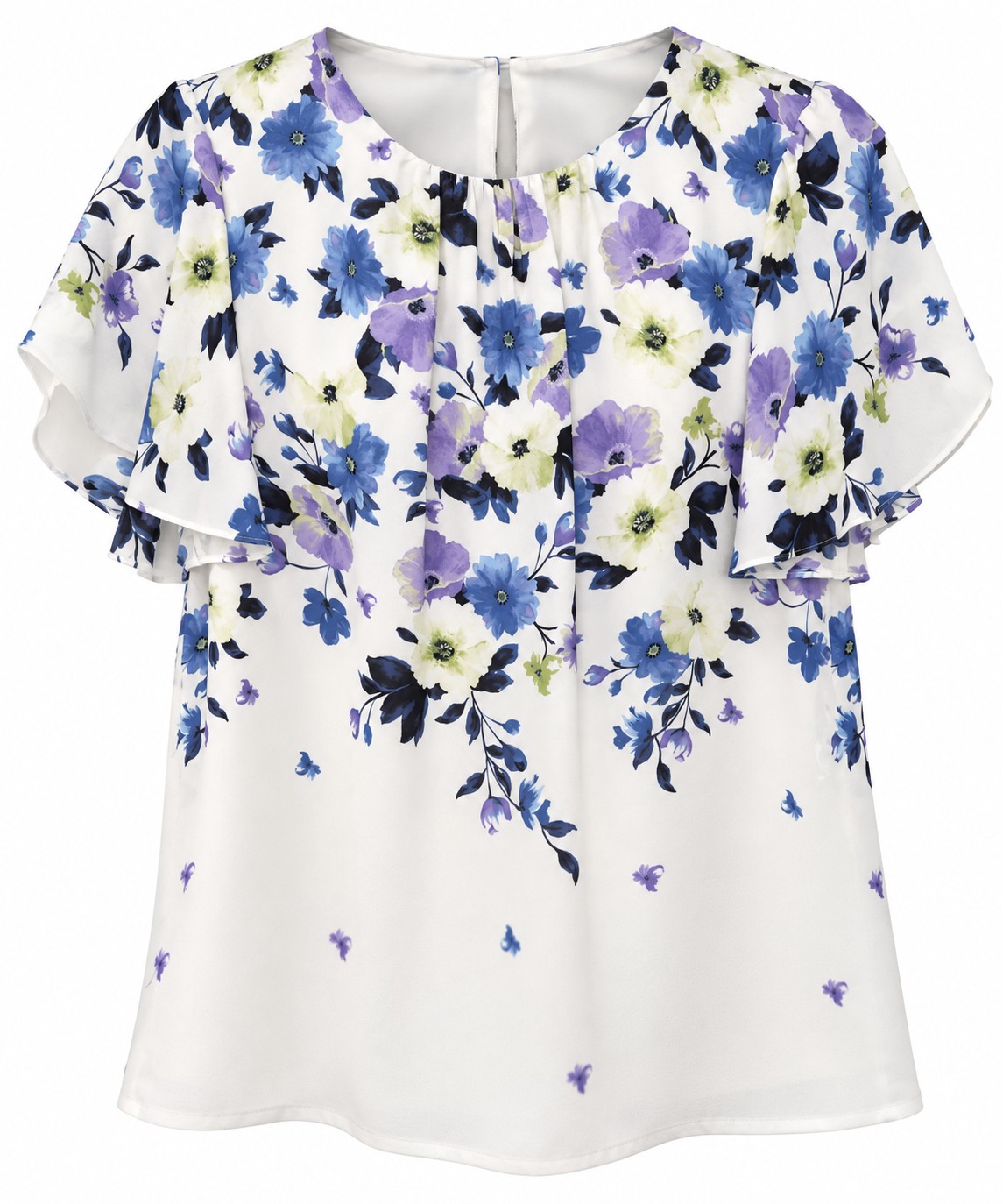 Blusa floral azul con mangas de volantes — Marfil y azul